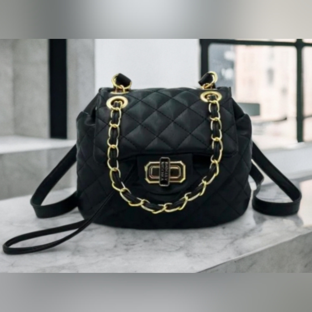 Badgley Mischka Black Quilted Backpack with Gold Chain